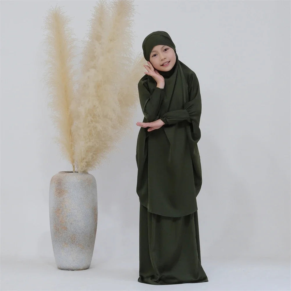2PCS Muslim Kids Girls Prayer Garment Overhead Khimar Robe Eid Hooded Hijab Abaya Scarf Dress Islam Clothing Eid Ramadan Robe