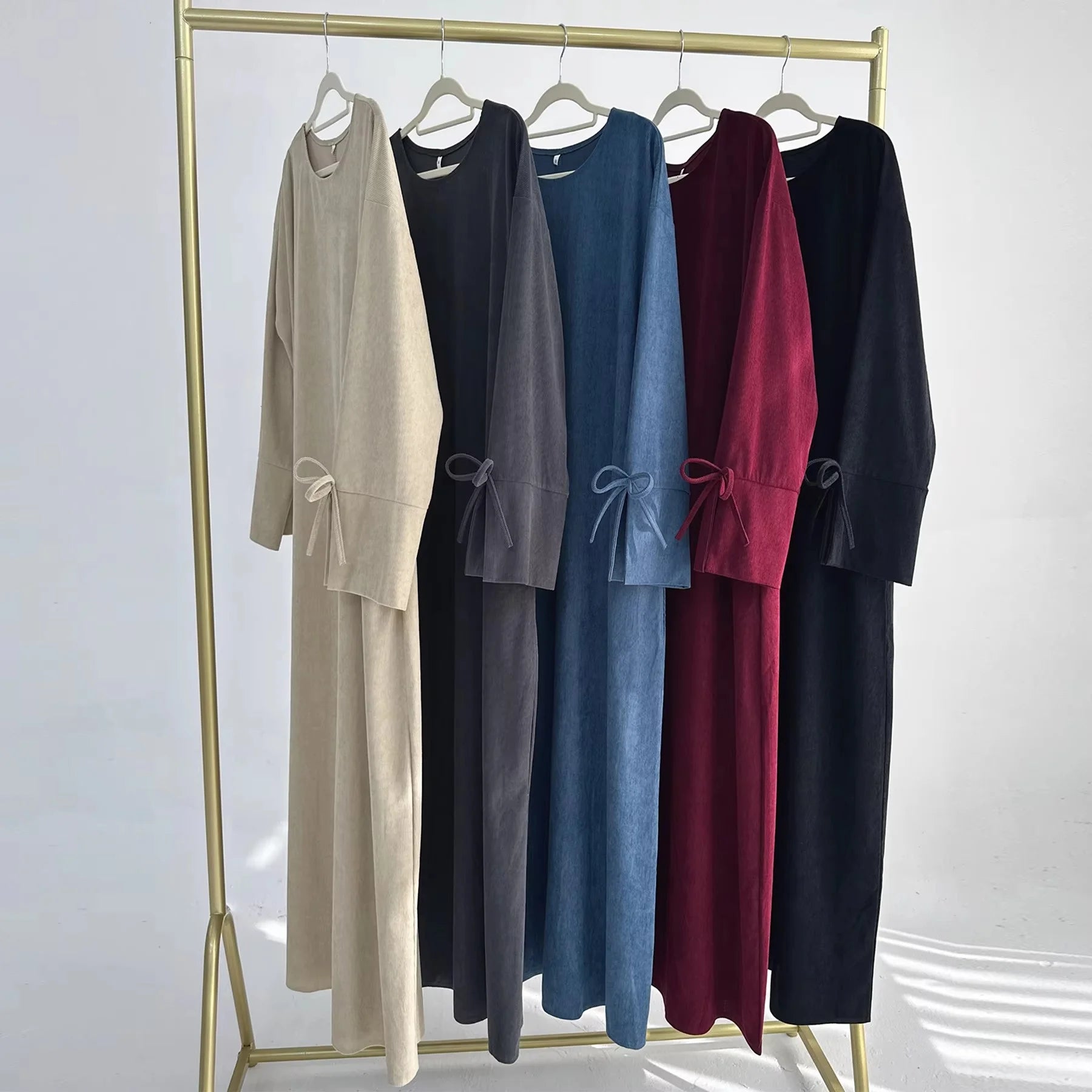 Winter Corduroy Bow Knot Sleeve Abaya Women Muslim Dress Modest Clothing Women Abaya Femmes Robe Musulmane Robes Prayer Clothes