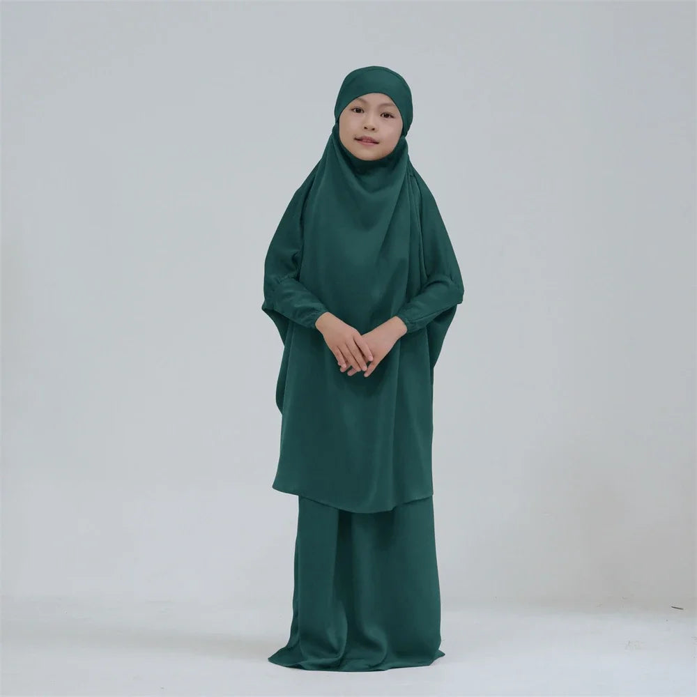 2PCS Muslim Kids Girls Prayer Garment Overhead Khimar Robe Eid Hooded Hijab Abaya Scarf Dress Islam Clothing Eid Ramadan Robe