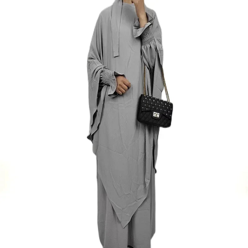 New Muslim New Prayer Garment Women Ramadan Islamic Jilbeb 2 Piece Set Dubai Turkish Modest Outfit Khimar Scarf Hijab+Long Dress