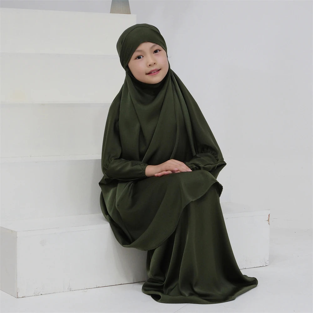 2PCS Muslim Kids Girls Prayer Garment Overhead Khimar Robe Eid Hooded Hijab Abaya Scarf Dress Islam Clothing Eid Ramadan Robe