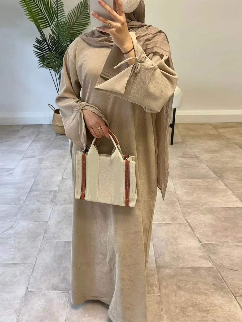 Winter Corduroy Bow Knot Sleeve Abaya Women Muslim Dress Modest Clothing Women Abaya Femmes Robe Musulmane Robes Prayer Clothes