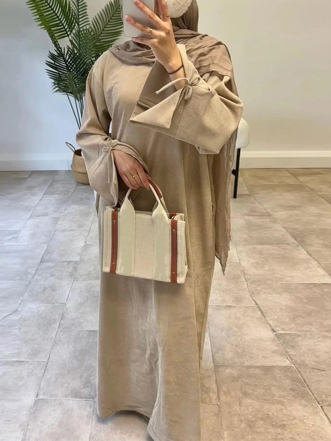 Winter Corduroy Bow Knot Sleeve Abaya Women Muslim Dress Modest Clothing Women Abaya Femmes Robe Musulmane Robes Prayer Clothes