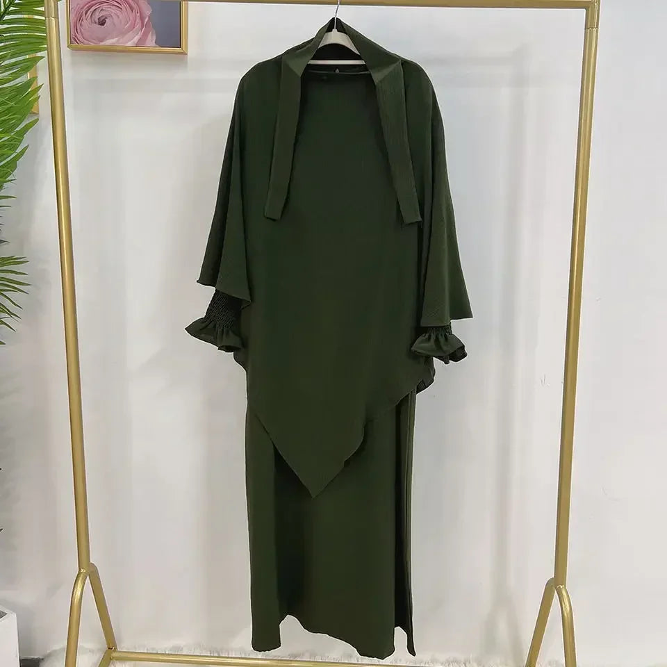 New Muslim New Prayer Garment Women Ramadan Islamic Jilbeb 2 Piece Set Dubai Turkish Modest Outfit Khimar Scarf Hijab+Long Dress