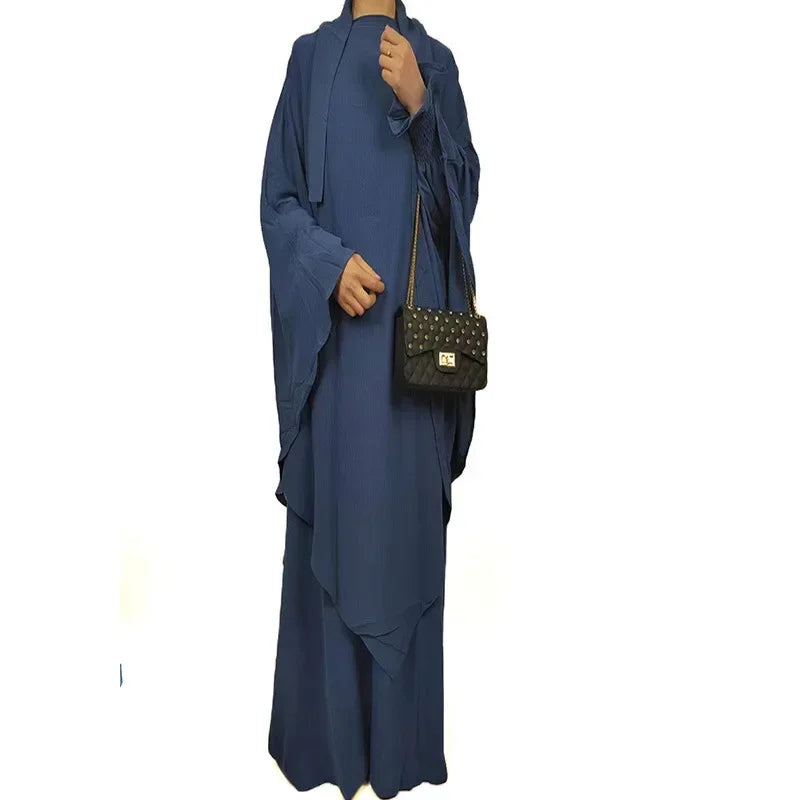 New Muslim New Prayer Garment Women Ramadan Islamic Jilbeb 2 Piece Set Dubai Turkish Modest Outfit Khimar Scarf Hijab+Long Dress