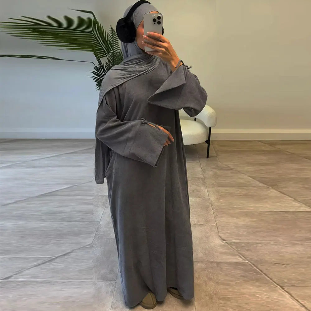 Winter Corduroy Bow Knot Sleeve Abaya Women Muslim Dress Modest Clothing Women Abaya Femmes Robe Musulmane Robes Prayer Clothes