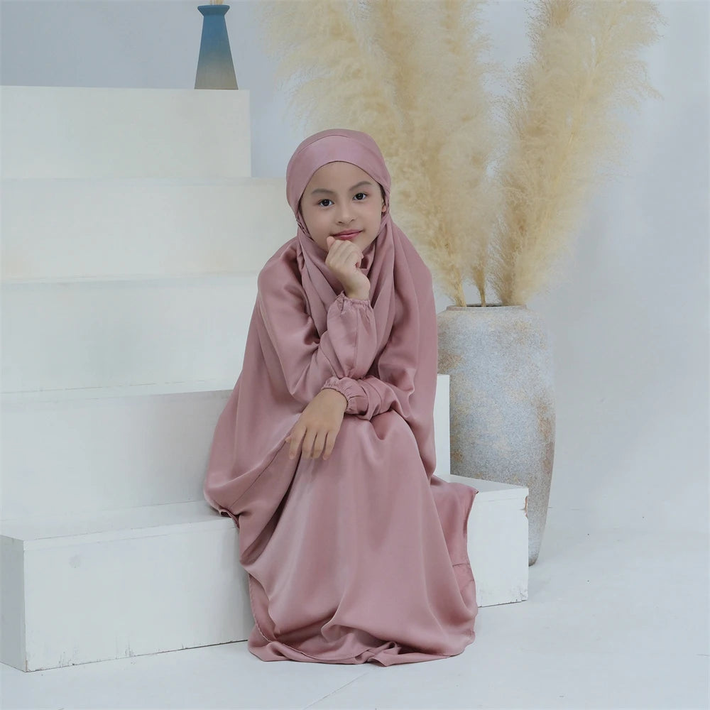 2PCS Muslim Kids Girls Prayer Garment Overhead Khimar Robe Eid Hooded Hijab Abaya Scarf Dress Islam Clothing Eid Ramadan Robe