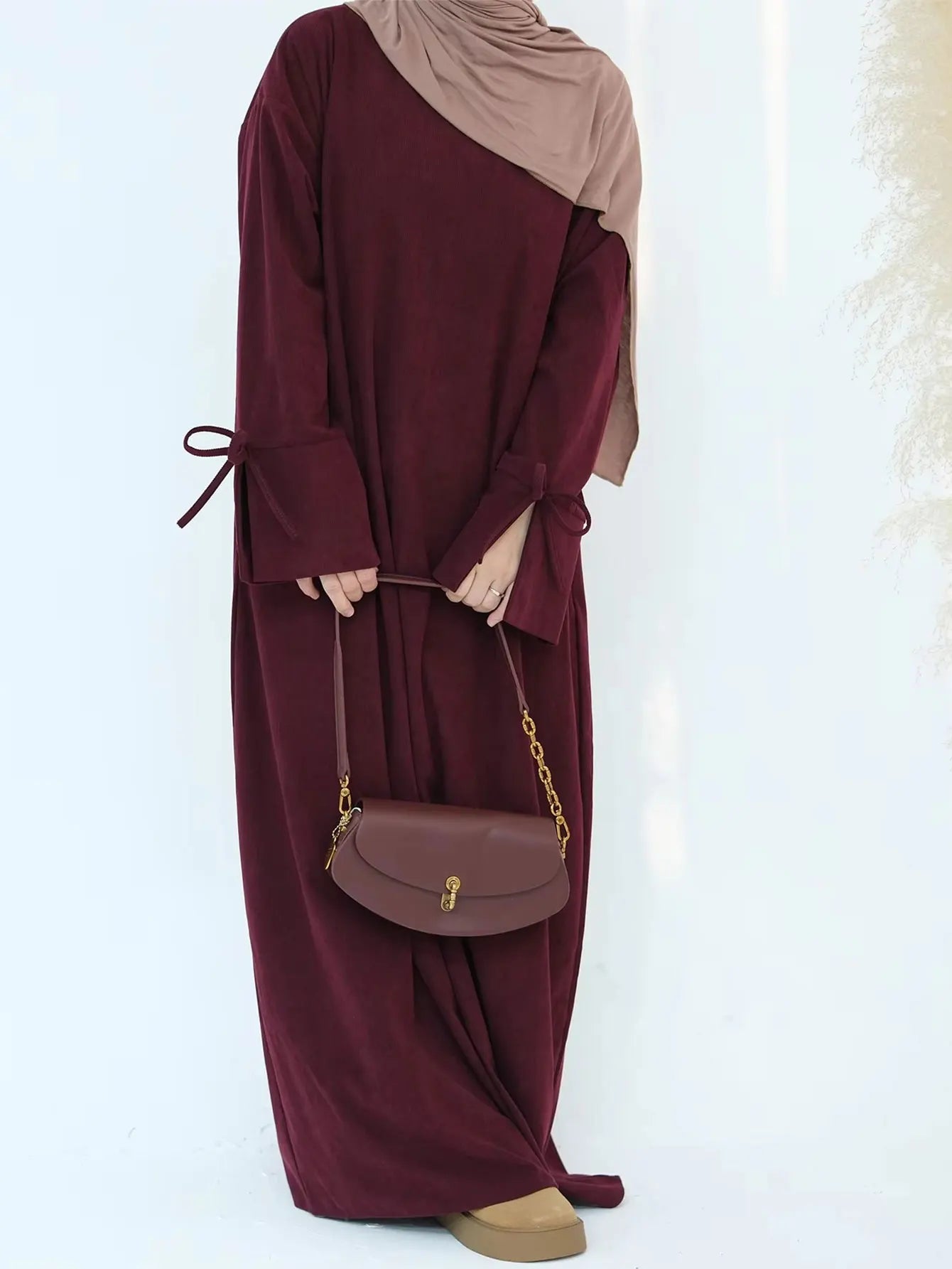 Winter Corduroy Bow Knot Sleeve Abaya Women Muslim Dress Modest Clothing Women Abaya Femmes Robe Musulmane Robes Prayer Clothes