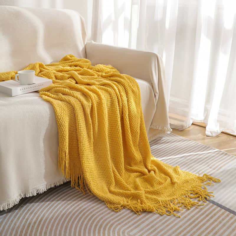 NNEDSZ Yellow Premium Woven Knitted Throw Blanket with Tassels | Soft, Cozy Sofa & Bed Blanket, Perfect for Office or Afternoon Naps 130x220cm-0