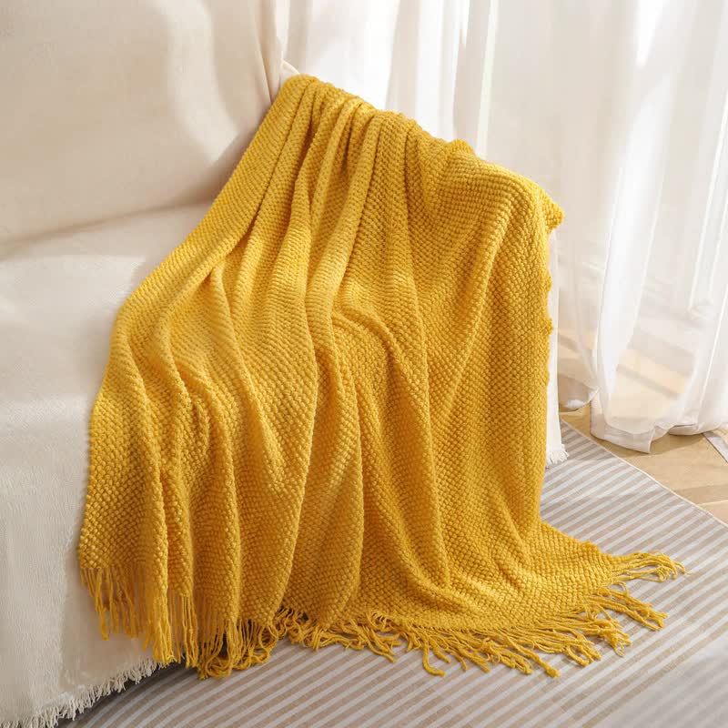 NNEDSZ Yellow Premium Woven Knitted Throw Blanket with Tassels | Soft, Cozy Sofa & Bed Blanket, Perfect for Office or Afternoon Naps 130x220cm-1