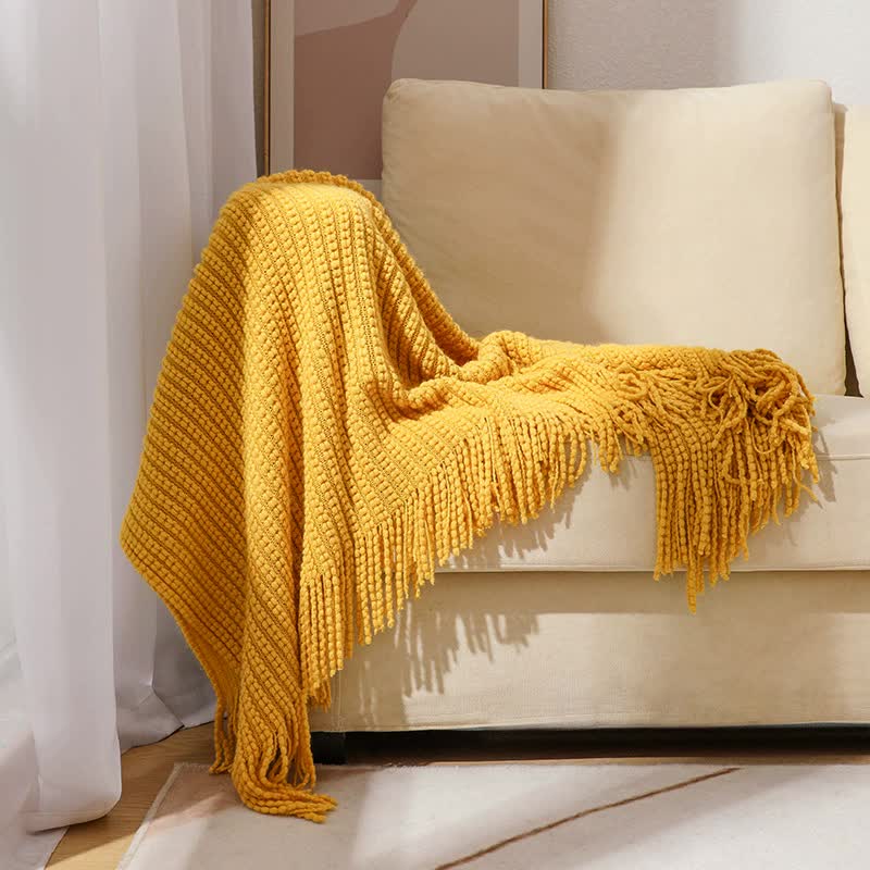 NNEDSZ Yellow Premium Woven Knitted Throw Blanket with Tassels | Soft, Cozy Sofa & Bed Blanket, Perfect for Office or Afternoon Naps 130x220cm-2