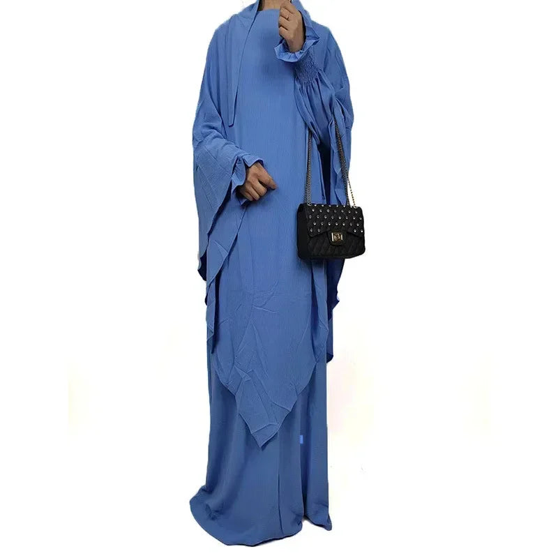 New Muslim New Prayer Garment Women Ramadan Islamic Jilbeb 2 Piece Set Dubai Turkish Modest Outfit Khimar Scarf Hijab+Long Dress