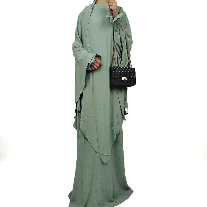 New Muslim New Prayer Garment Women Ramadan Islamic Jilbeb 2 Piece Set Dubai Turkish Modest Outfit Khimar Scarf Hijab+Long Dress