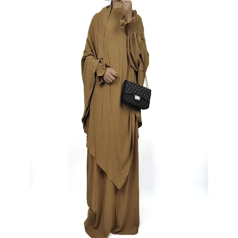 New Muslim New Prayer Garment Women Ramadan Islamic Jilbeb 2 Piece Set Dubai Turkish Modest Outfit Khimar Scarf Hijab+Long Dress