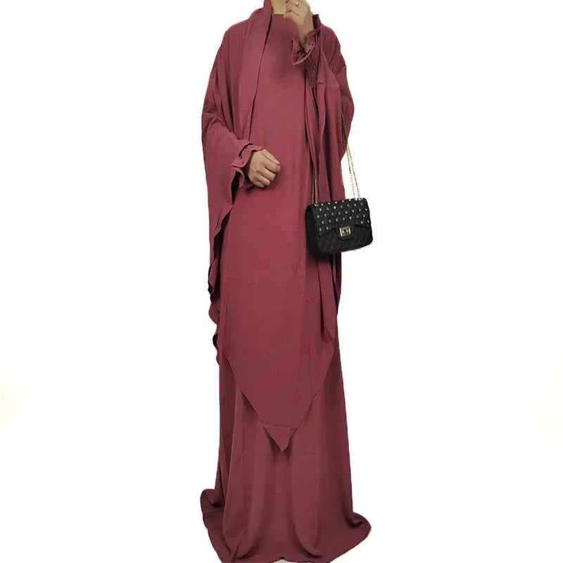 New Muslim New Prayer Garment Women Ramadan Islamic Jilbeb 2 Piece Set Dubai Turkish Modest Outfit Khimar Scarf Hijab+Long Dress