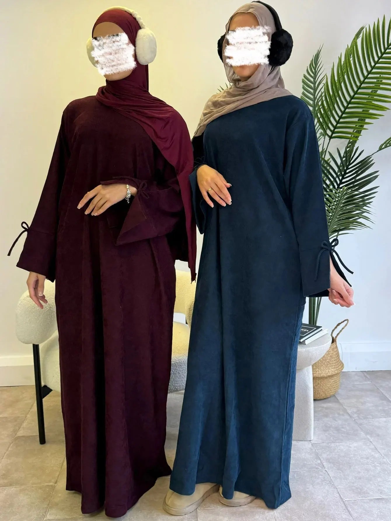 Winter Corduroy Bow Knot Sleeve Abaya Women Muslim Dress Modest Clothing Women Abaya Femmes Robe Musulmane Robes Prayer Clothes