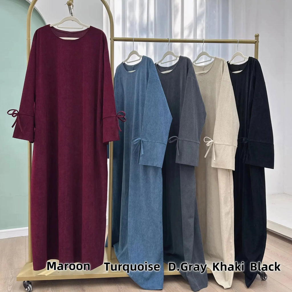 Winter Corduroy Bow Knot Sleeve Abaya Women Muslim Dress Modest Clothing Women Abaya Femmes Robe Musulmane Robes Prayer Clothes