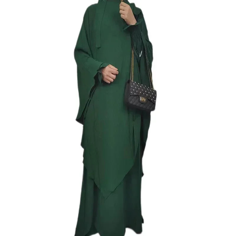 New Muslim New Prayer Garment Women Ramadan Islamic Jilbeb 2 Piece Set Dubai Turkish Modest Outfit Khimar Scarf Hijab+Long Dress